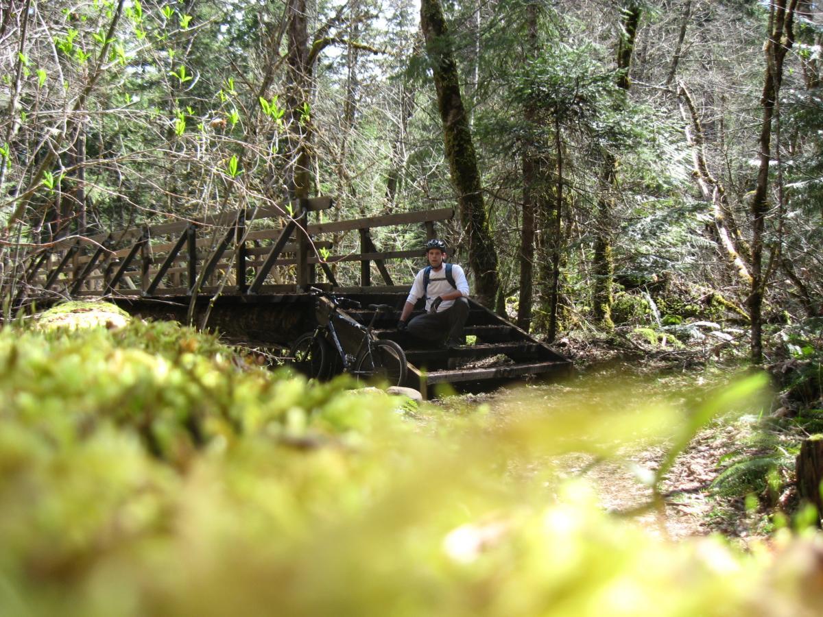 A person sitting on a rustic wooden bridge in a lush forest, with a mountain bike nearby. The scene is surrounded by greenery and trees, capturing a peaceful moment in nature. Middle Fork Trail mountain bike trail.