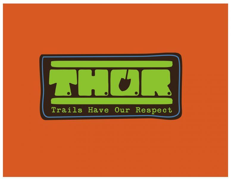 Logo featuring the text "THOR" in a bold green font with a graphic representation of a shovel, accompanied by the tagline "Trails Have Our Respect" in white text, all set against an orange background.