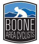 Logo for Boone Area Cyclists featuring a silhouette of a cyclist against a blue and white background with stylized waves. The text "BOONE" appears prominently at the top, with "AREA CYCLISTS" in smaller letters below.