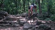 A mountain biker navigates rocky terrain in a forest, showcasing skill and balance as they ride over large stones.