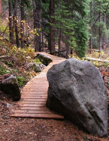 A wooden pathway winds through a forest, flanked by rocks and greenery. A large boulder partially obstructs the path, surrounded by fallen leaves and trees in the background.