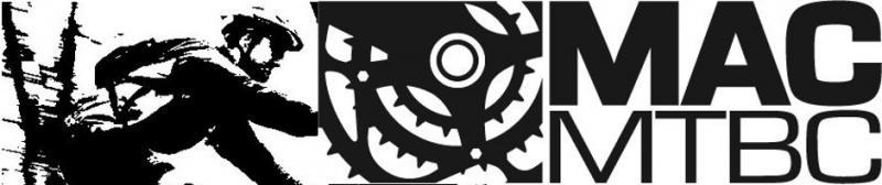 Black and white graphic featuring a stylized image of a cyclist in motion on the left, alongside the text "MAC MTBC" in bold lettering on the right, with a gear graphic integrated into the design.