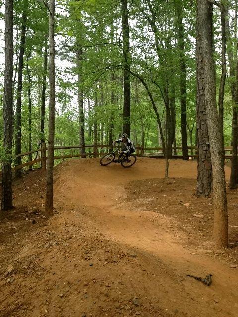 A mountain biker navigating a dirt trail in a wooded area, surrounded by tall trees and a wooden fence. The path features berms and is well-maintained, with rich brown soil contrasting against the greenery. The cyclist is in a dynamic riding position, showcasing an active outdoor environment. Big Creek mountain bike trail.