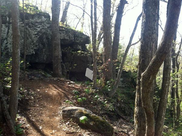 A narrow dirt path winding through a forest filled with trees and greenery, leading past a large rock formation. Sunlight filters through the branches, illuminating the scene, which includes a partially visible white object at the side of the path. Rocky Knob Park mountain bike trail.