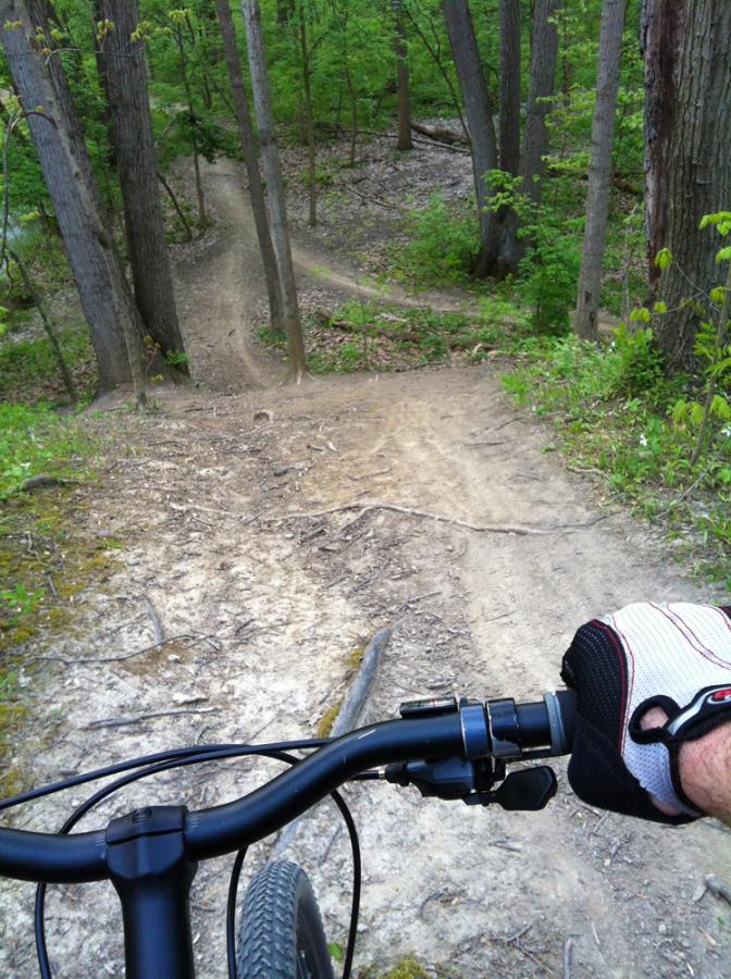 A mountain biker's view from the handlebars, looking down a dirt trail winding through a forest. The path appears steep and slightly curvy, surrounded by trees and greenery. The biker is wearing gloves and gripping the handlebars, with a focus on the terrain ahead. Franke Park mountain bike trail.