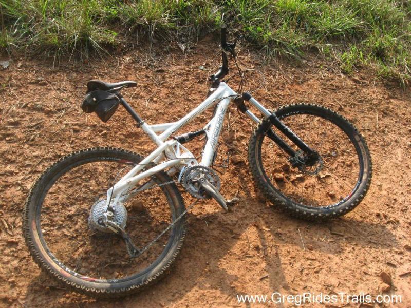Airborne Zeppelin Elite: A white mountain bike lying on a dirt trail, partially obscured by grass. The bike features thick tires, a visible gear system, and a saddle, suggesting it has been used for off-road riding.