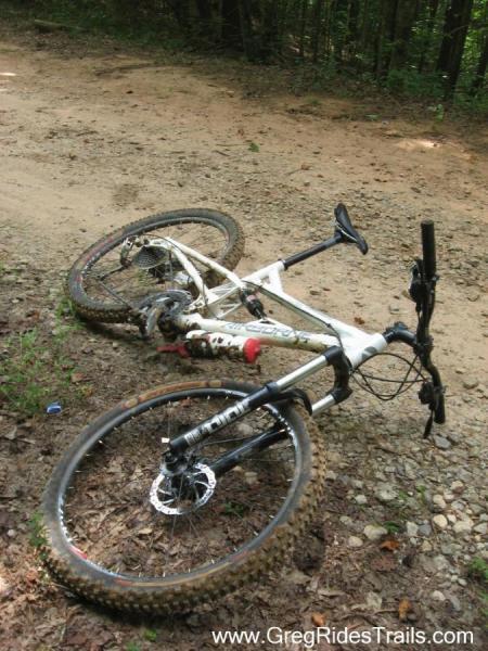 Airborne Zeppelin Elite: A white mountain bike lies on its side on a dirt trail. The bike is covered in mud, suggesting recent use on a rugged terrain. Surrounding the bike are trees and a gravelly path, indicating a forested outdoor setting.