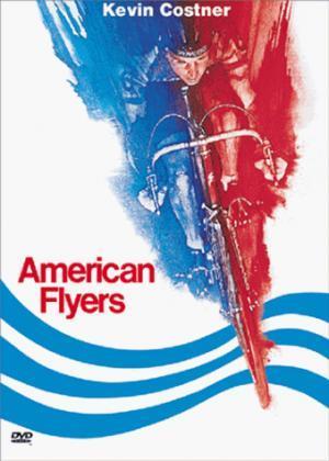 * American Flyers: A DVD cover for the film "American Flyers," featuring a cyclist against a background of red and blue hues, with dynamic wave graphics at the bottom. The title "American Flyers" is prominently displayed in red, with the actor