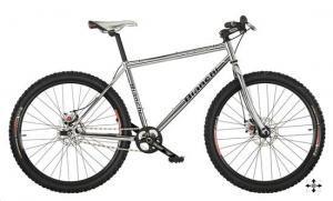 Bianchi S.A.S.S.: A silver mountain bike with thick tires, a sturdy frame, and a single gear system, featuring a comfortable saddle and front suspension.