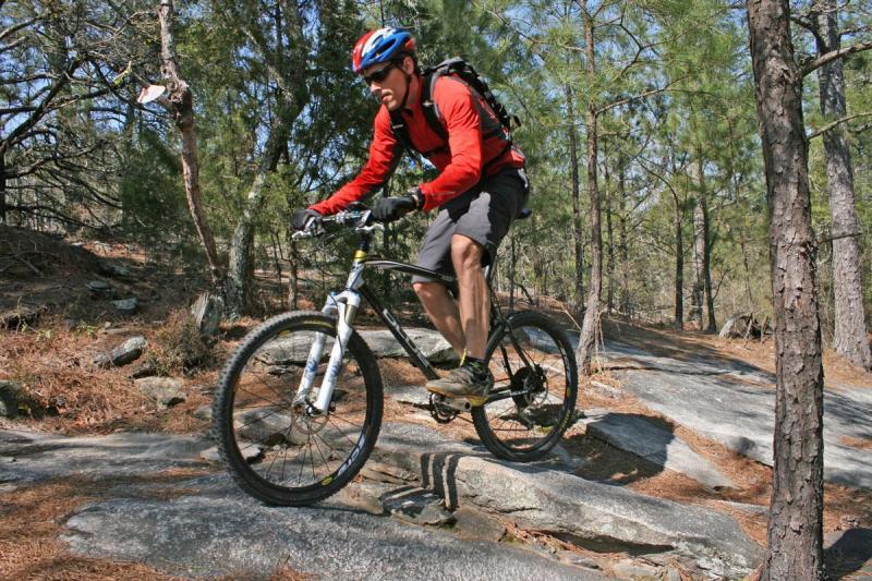 Blue XC Carbon: A person riding a mountain bike over rocky terrain in a wooded area, wearing a red long-sleeve shirt, shorts, and a helmet. The background features pine trees and scattered rocks.