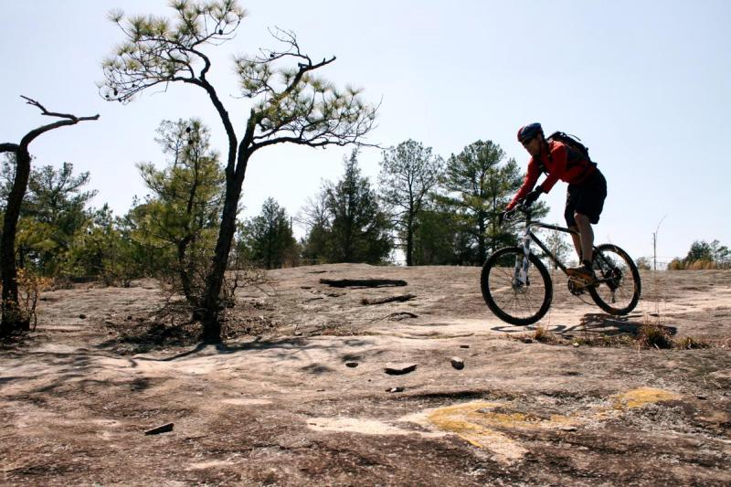 Blue XC Carbon: A person riding a mountain bike across a rocky trail with sparse vegetation and trees in the background. The scene is set on a bright, sunny day, highlighting the rugged terrain.