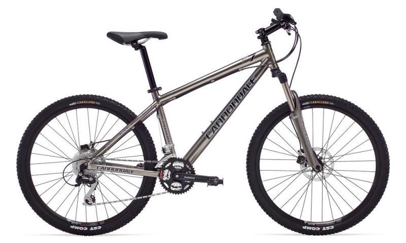 Cannondale F7: A silver mountain bike with a sturdy frame, featuring wide tires and a front suspension. The bike has a single seat, a handlebar with gear shifters, and a visible chain drive system. The name "Cannondale" is prominently displayed on the frame.