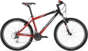 Cannondale F9: A black and red mountain bike with a sturdy frame, wide tires, and gear components, positioned on a white background.