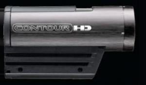 Contour Contour HD: Black Contour HD action camera with a sleek design, featuring a cylindrical shape and a mounting surface on the bottom for attachment.