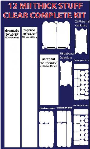 Crankskins Clear Complete Kit 12mil Thick Stuff: An image depicting the layout and specifications of a "12 Mil Thick Stuff Clear Complete Kit" for bicycle protection. The kit includes various protective film sizes for down tubes, top tubes, seat posts, and chainstays, all labeled with their dimensions in both inches and millimeters. The design features a dark background with white and red text, highlighting the different components and sizes.