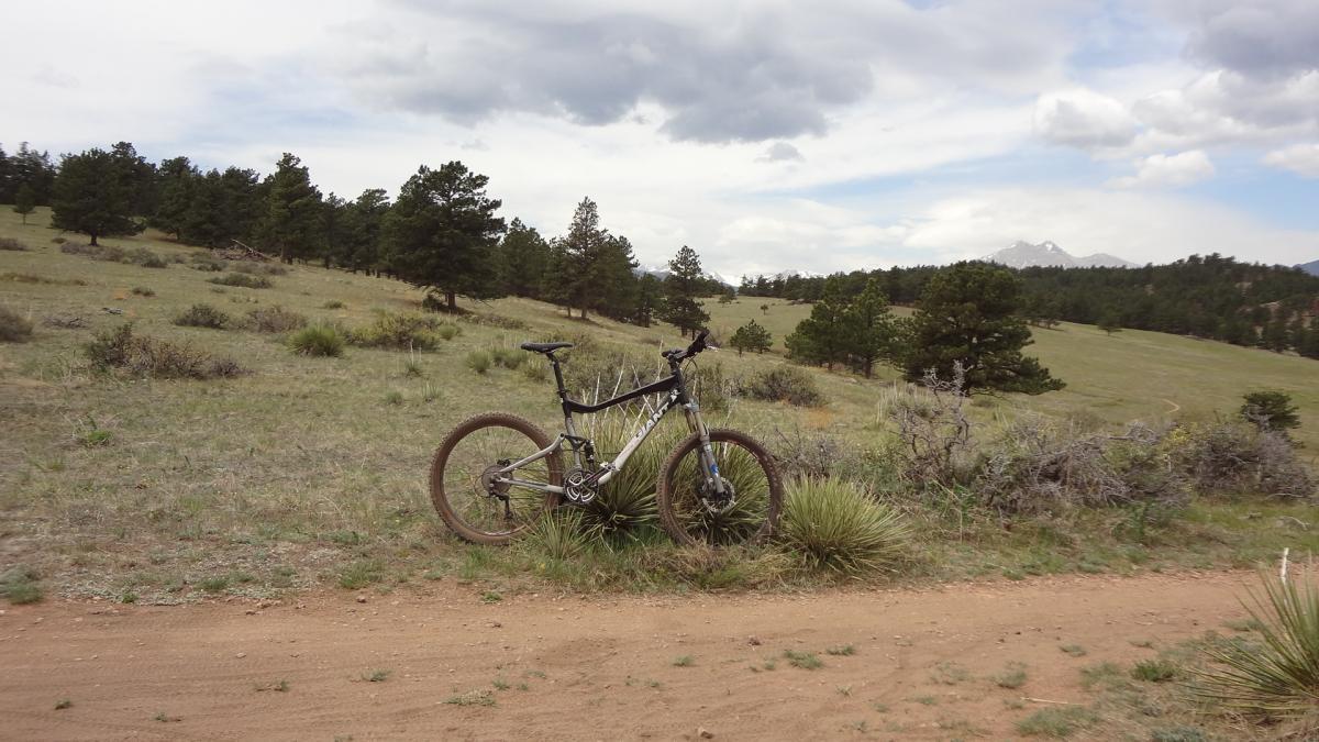 Mountain bike leaning against a bush on a dirt path, with a grassy landscape and trees in the background, under a cloudy sky. Hall Ranch mountain bike trail.