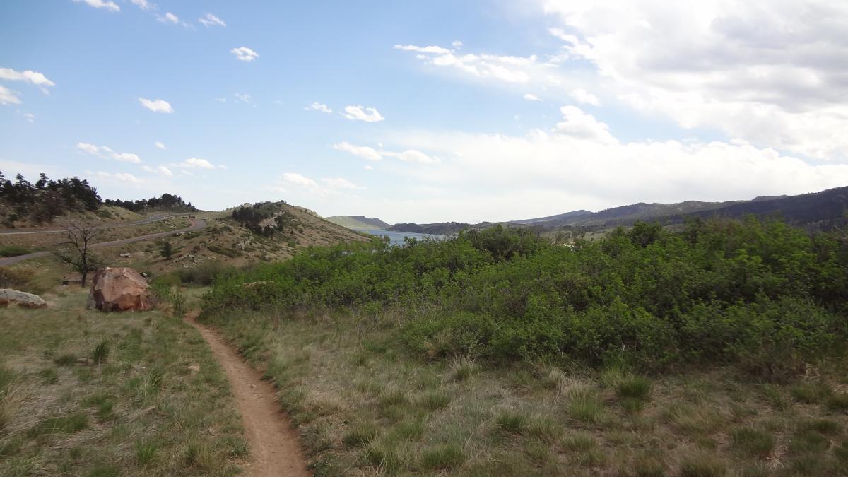A scenic view of a winding trail leading through grassy fields and shrubs, with rolling hills and a body of water in the distance under a partly cloudy sky. Hall Ranch mountain bike trail.