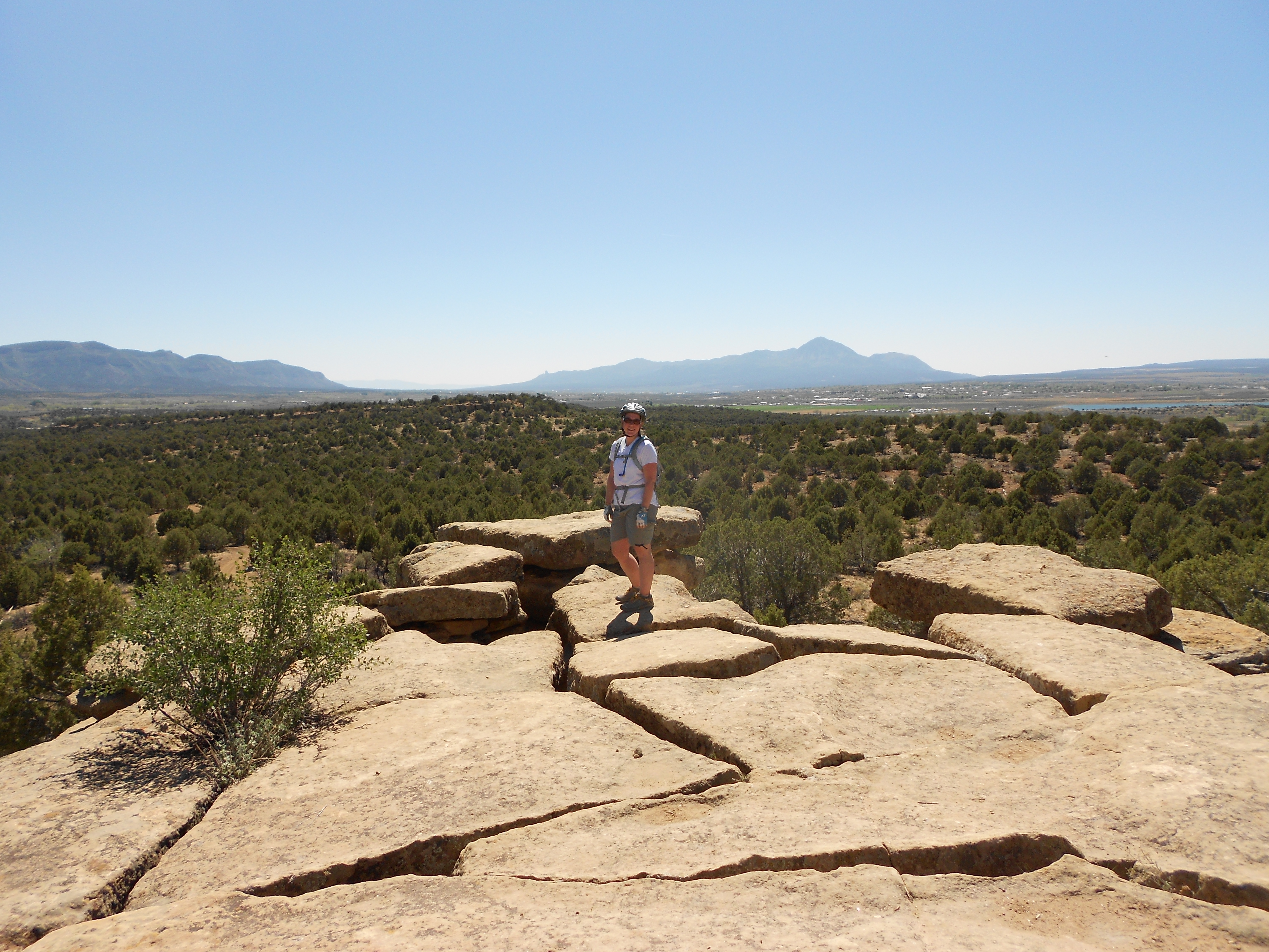 A person standing on a rocky outcrop with a mountainous landscape in the background. The scene features clear blue skies and a vast area of greenery below, displaying numerous shrubs and trees.