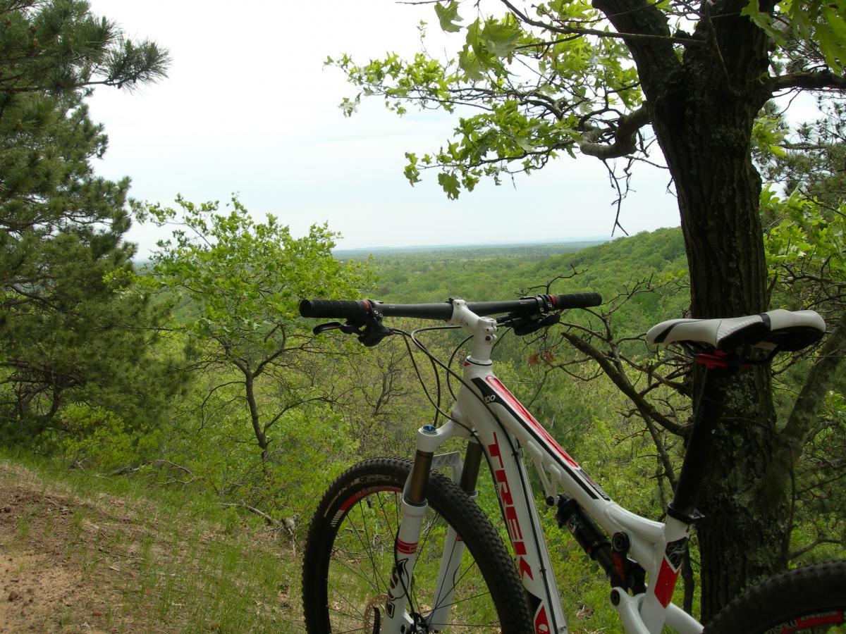 A mountain bike rests against a tree overlooking a lush green landscape. The bike is positioned to the right, showing its frame and handlebars, while the expansive view of rolling hills and trees stretches into the background under a cloudy sky. Porky Point mountain bike trail.
