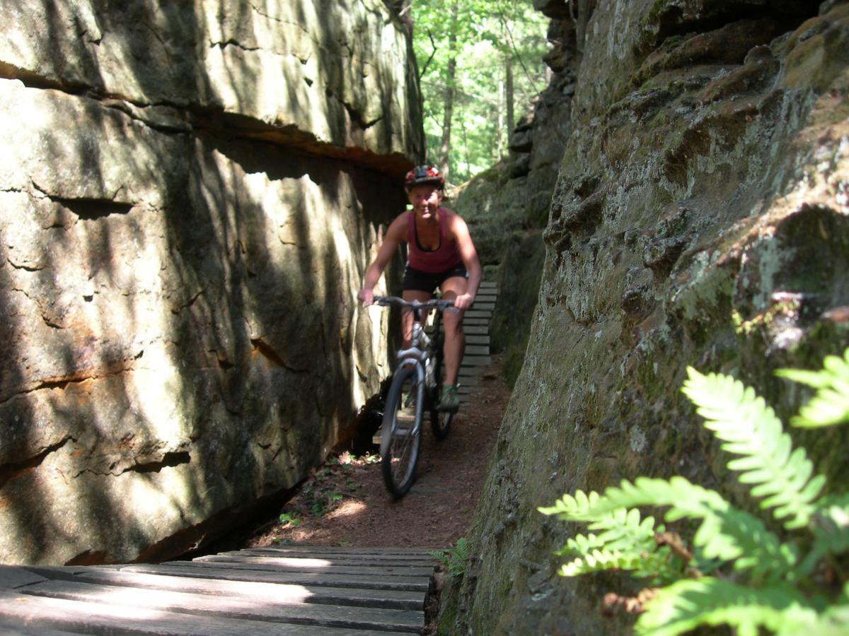 A cyclist riding a mountain bike along a narrow trail bordered by tall rock formations, with sunlight filtering through the trees. The path features wooden slats, and ferns are visible in the foreground, creating a natural and adventurous outdoor setting. Toad Road mountain bike trail.