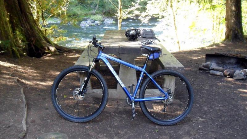 Diamondback Overdrive: A blue mountain bike is parked next to a stone picnic table in a forested area. In the background, a river flows gently, and a helmet rests on the table. A fire pit with stones is visible on the ground nearby. Sunlight filters through the trees, creating a tranquil outdoor scene.