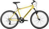 A yellow mountain bike with black wheels and handlebars, featuring a single gear system and a comfortable seat.