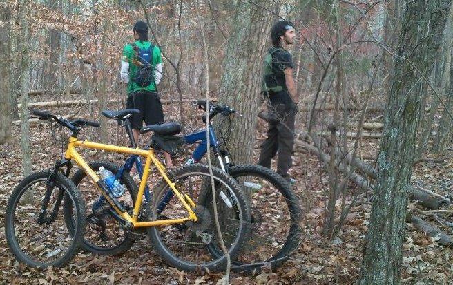 Diamondback Sorrento: Two mountain bikers standing in a wooded area, with their bikes parked nearby. The cyclists are facing away, one wearing a green and black shirt and the other in a black shirt. The ground is covered with fallen leaves, and there are trees in the background.