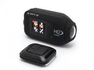 Drift Innovation HD Action Cam: A compact black action camera with an LCD screen displaying images and a small remote control, designed for capturing high-definition video and photos.