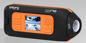 Drift Innovation HD170 Action Cam: A compact, handheld action camera with a black and orange design featuring a small screen displaying a winter sports scene. The camera includes buttons for navigation and a lens on one end.