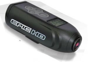 Epic HD Action Cam: A compact black action camera with the label "EPIC HD" on the side, featuring a small display screen and control buttons on the top. The camera has a rounded shape and a lens at the front, designed for capturing high-definition video.