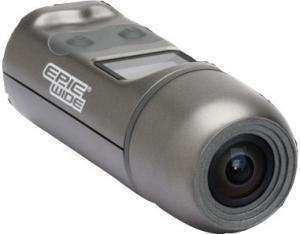 Epic Stealth Cam Wide: Compact action camera with a cylindrical design and wide-angle lens, featuring buttons and a display on the side. The camera is predominantly gray with "EPIC WIDE" branding.