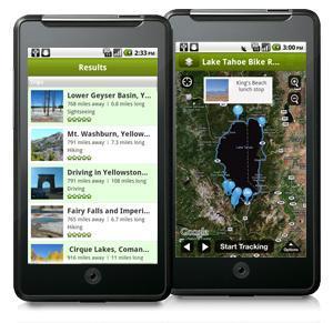 EveryTrail Pro: A side-by-side view of two smartphones displaying outdoor activity information. The left screen shows a list of hiking trails with names, distances, and images, while the right screen features a map of Lake Tahoe with bike routes marked.