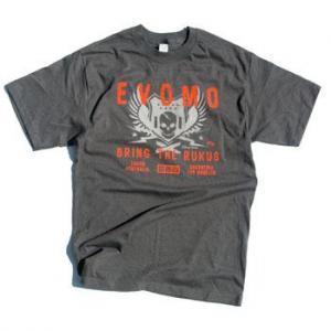 Evomo Rukus International Tee: Gray t-shirt with a graphic design featuring the text "EVOMO" and "BRING THE RUKUS," accompanied by a skull and wings. The design includes red and white text elements.