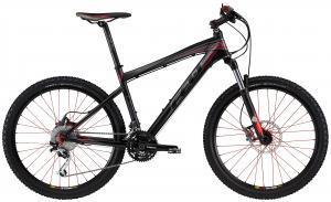 Felt Q920: A black and red mountain bike with a sturdy frame, wide tires, and disc brakes. The bike features a suspension fork and a comfortable saddle, positioned for off-road riding.