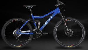 Fezzari Wiki Peak: A blue mountain bike with a sleek design, featuring dual suspension, wide tires, and disc brakes, set against a dark background.