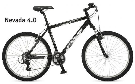 Fuji Nevada 4.0: A black mountain bike labeled "Nevada 4.0," showcasing a sturdy frame, front suspension, and thick tires, designed for off-road terrain. The bike is positioned against a white background.