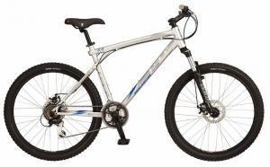 GT Avalanche: A silver mountain bike with a sleek frame, front suspension, and thick tires. The bike features multiple gears, disc brakes, and a comfortable saddle, positioned upright for easy riding.