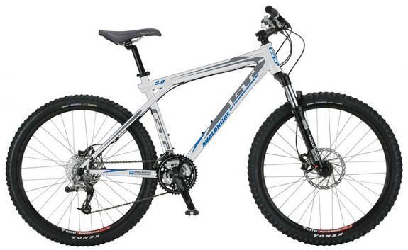 GT Avalanche: A mountain bike with a high-quality aluminum frame, featuring wide tires for stability, disc brakes for enhanced stopping power, and a sleek white and blue design. The bike is shown from the side, highlighting its dual suspension system and gears for varied terrain.