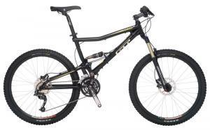 GT Marathon Elite: A black mountain bike with prominent suspension, wide tires, and a gear shifter. The bike features a lightweight frame, disc brakes, and is designed for off-road cycling.
