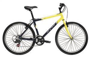 Gary Fisher Mako: A black and yellow mountain bike with a sturdy frame, wide tires, and a comfortable seat, shown from the side.