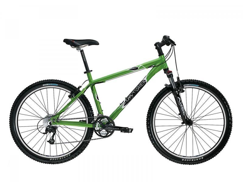 Gary Fisher Marlin: A green mountain bike with wide tires and a sleek design, positioned at an angle to showcase its frame and components. The bike features a suspension fork, a comfortable saddle, and multiple gears, highlighting its suitability for off-road cycling.