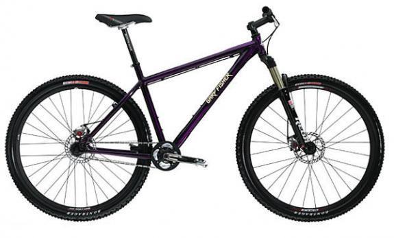 Gary Fisher Rig: A purple mountain bike with a sturdy frame, front suspension, and thick tires, suitable for off-road riding. The bike features black handlebars and wheels, making it ideal for outdoor adventures.