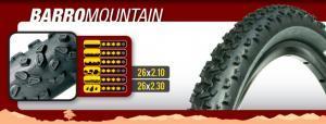 Geax Barro Mountain: An advertisement for the Barro Mountain bike tire featuring a close-up of the tire tread, along with specifications showcasing sizes 26x2.10 and 26x2.30. The design includes a bold title and graphical elements to enhance presentation.