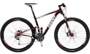Giant Anthem X 29er 2: A black and red mountain bike with a lightweight frame, featuring disc brakes, wide tires, and a front suspension fork. The bike is positioned to show its design and components clearly.