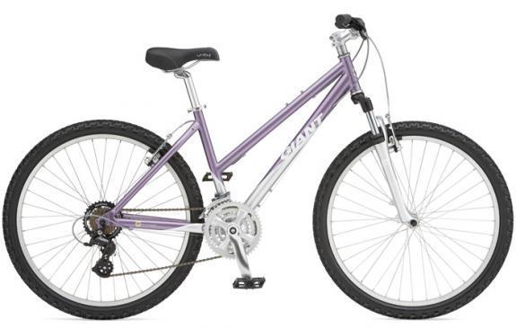 Giant Boulder SE: A purple and silver mountain bike with a step-through frame, featuring wide tires and multiple gears. The bike is positioned on a white background.