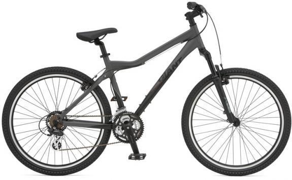 Giant Boulder SE: A sleek mountain bike in a dark gray color, featuring a lightweight aluminum frame, front suspension, and knobby tires designed for rugged terrain. The bike is shown from the side, highlighting its gears, handlebars, and sturdy tires.