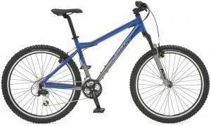 Giant Rincon: A blue and silver mountain bike with a lightweight frame, knobby tires, and front suspension, positioned against a plain background.