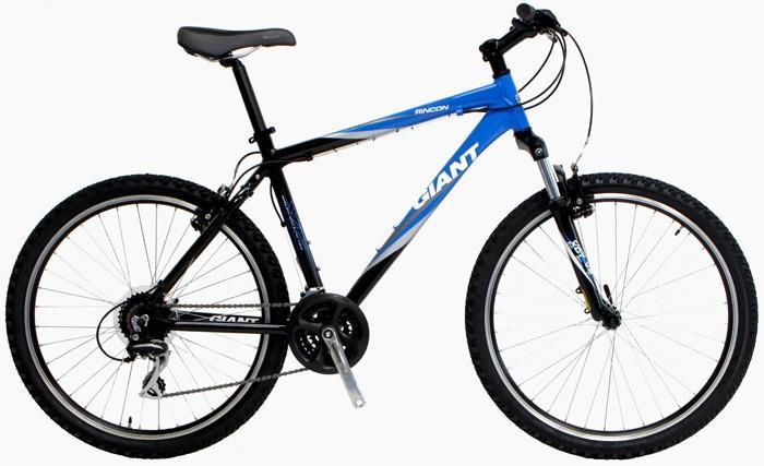 Giant Rincon: Mountain bike with a black and blue frame, featuring the brand name "Giant" prominently displayed, equipped with thick tires and a standard handlebar design.