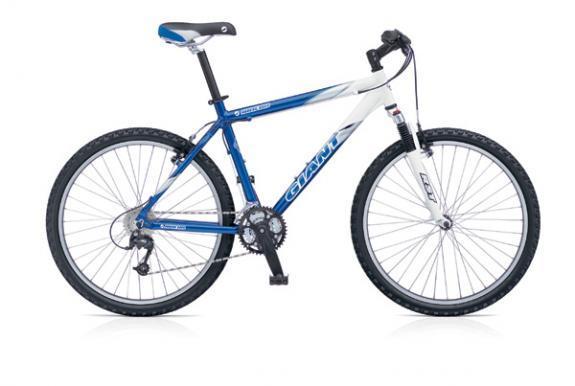 Giant Rincon: A blue and white mountain bike standing upright, showcasing its frame, handlebars, and tires. The bike features thick black rubber tires and a simple gear shifting mechanism.