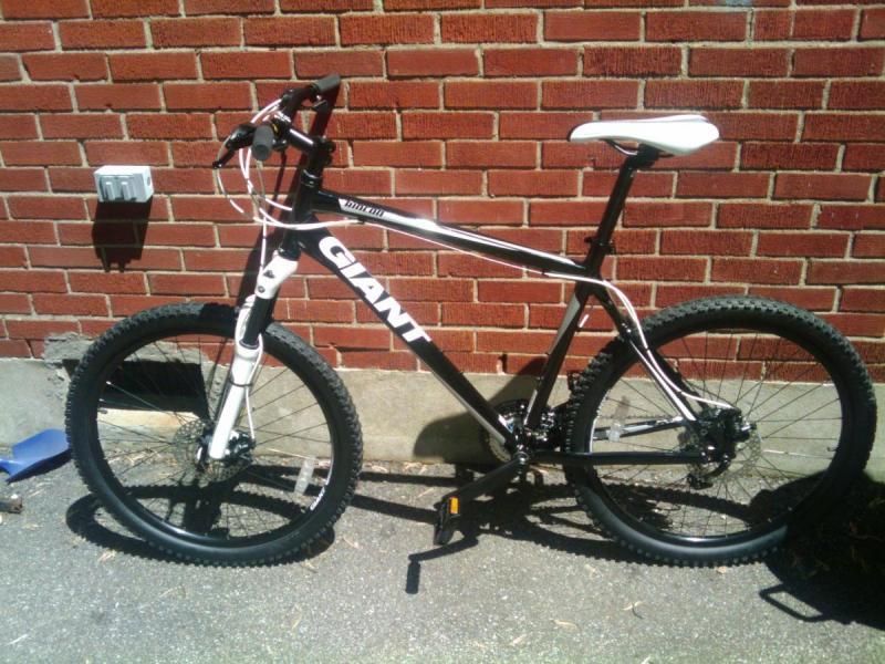 Giant Rincon: A black and white mountain bike leaning against a brick wall. The bike features thick, knobby tires, a white saddle, and a prominent "GIANT" logo on the frame.